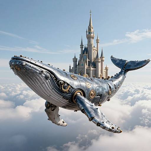 Digital artwork of a steampunk whale flying above a fairy-tale castle amidst fluffy clouds, blending fantasy and sci-fi elements.