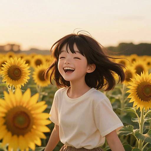 Anime Girl Laughing in Sunflower Field