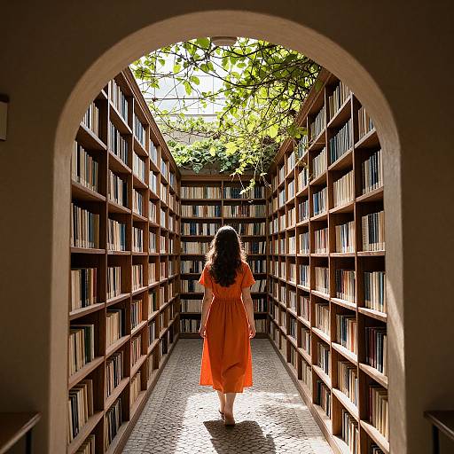 Photograph of a girl in an orange dress standing in a sunlit, tree-covered library aisle, framed by an archway of bookshelves.