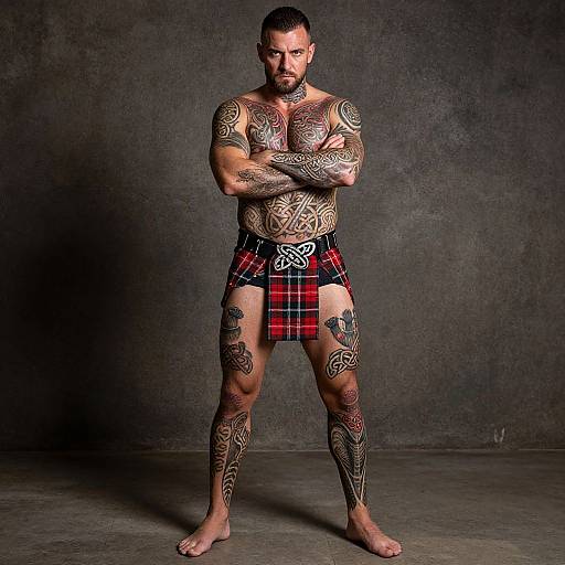 Muscular tattooed man with short dark hair, beard, and plaid kilt, stands confidently against a dark textured background. Photograph.
