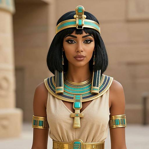 Digital illustration of an Egyptian woman with black bob haircut, adorned in gold and turquoise jewelry, wearing a cream dress with a deep V-neck, standing against