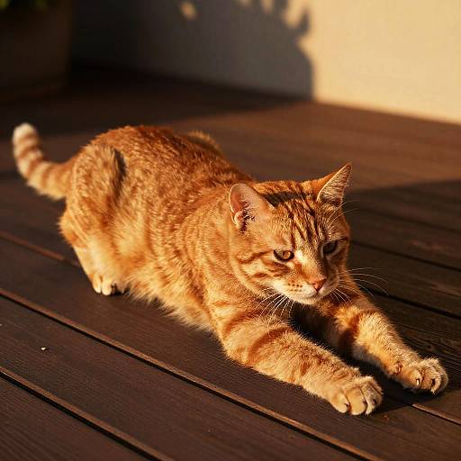 Photograph of a orange tabby cat with striped fur, stretching out on dark wooden deck, bathed in warm sunlight.