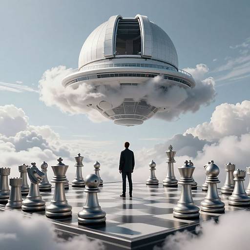 Photorealistic CGI: Silhouetted figure stands on giant chessboard, facing floating futuristic space station amidst cloudy sky, with oversized chess pieces surrounding