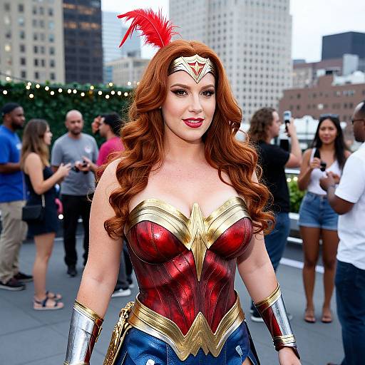 Photograph of a red-haired woman in a Wonder Woman costume with red tiara, red and gold bustier, and blue skirt, standing outdoors among