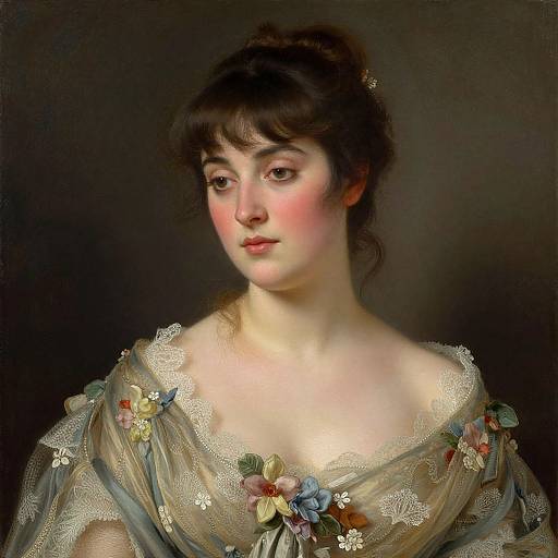 Photorealistic painting of a fair-skinned woman with dark brown hair, wearing an elegant, lace-trimmed gown adorned with colorful floral embroidery,