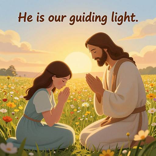 Digital illustration of Jesus and Mary in a sunlit field of flowers, kneeling in prayer with hands raised, text: 