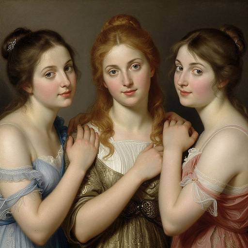 Digital painting of three young women with fair skin and red-brown hair, wearing off-shoulder dresses in blue, gold, and pink, standing