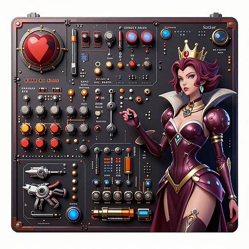 Digital art of a purple-haired, crowned woman in a dark, ornate dress, standing before a complex, colorful control panel.