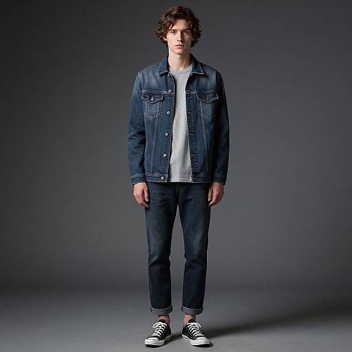 Photograph of a young man with curly brown hair, wearing a blue denim jacket, white tee, dark jeans, and black-and-white sneakers, standing
