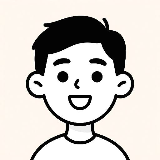 Black-and-white digital drawing of a smiling, cartoon-style boy with short, dark hair, round eyes, and an open mouth, simple lines, and