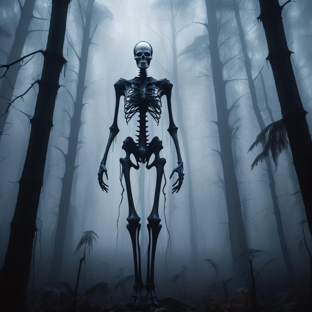 Eerie Skeletal Giant in Foggy Forest