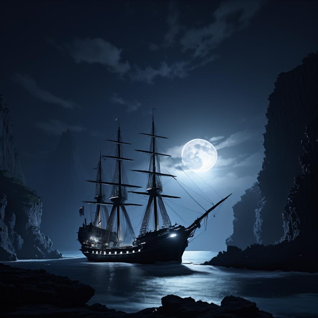 Moonlit Abandoned Colonial Frigate Scene