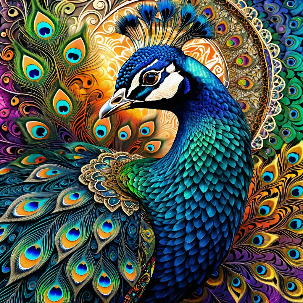 Hyper-Realistic Peacock with Fractal Patterns