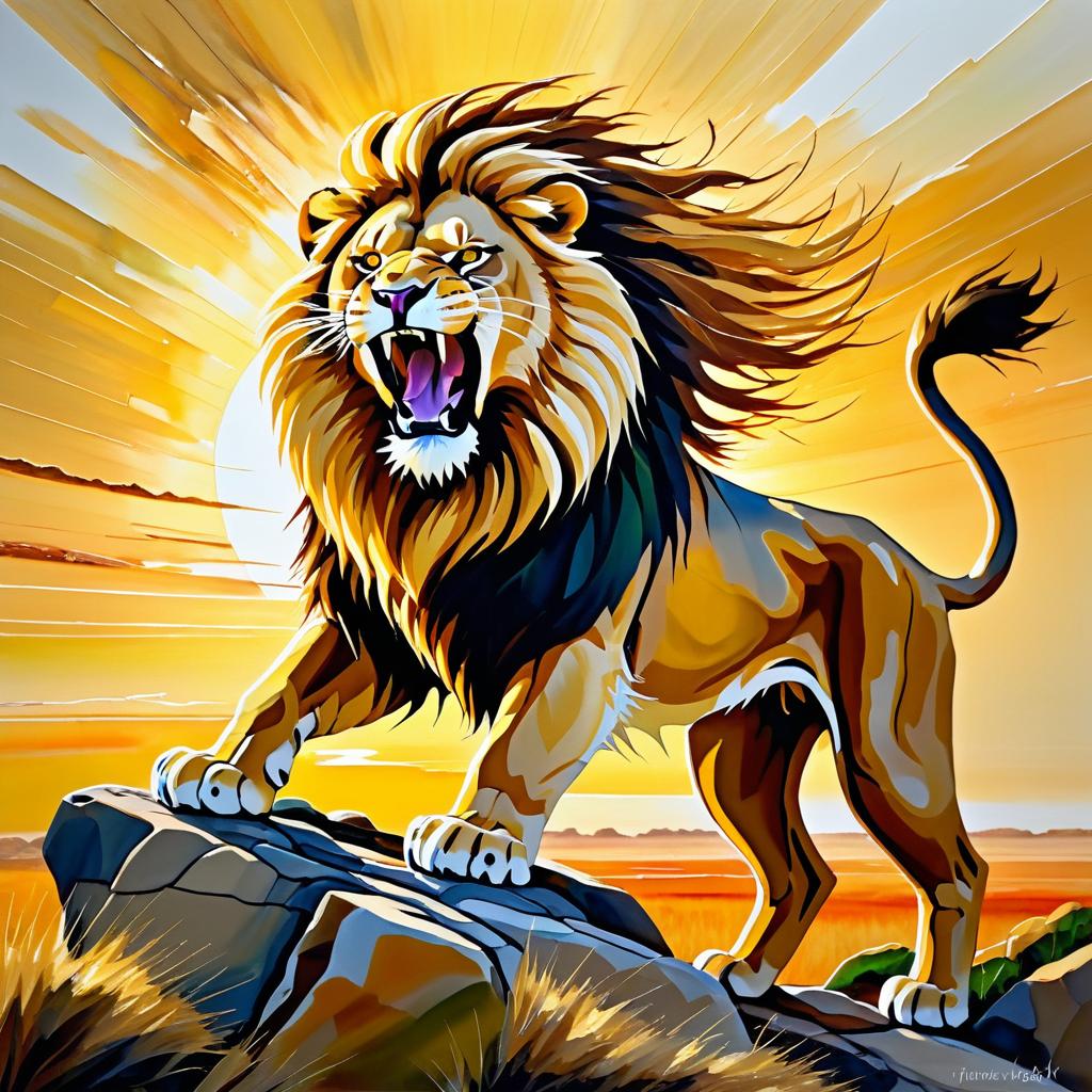 Fierce Lion Roaring at Sunrise