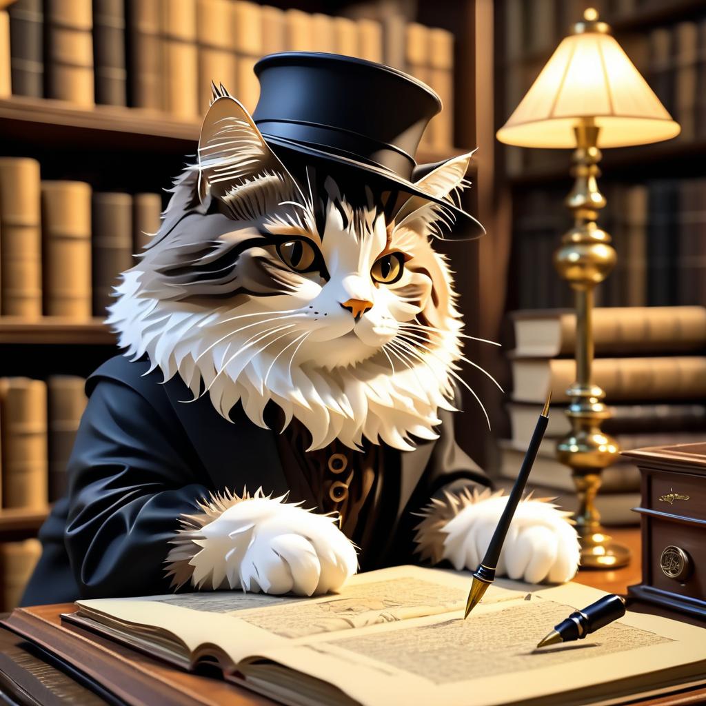 Whimsical Cat Writer in Cozy Study