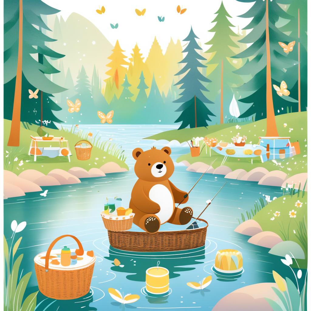 Whimsical Bear Fishing in a Serene Forest