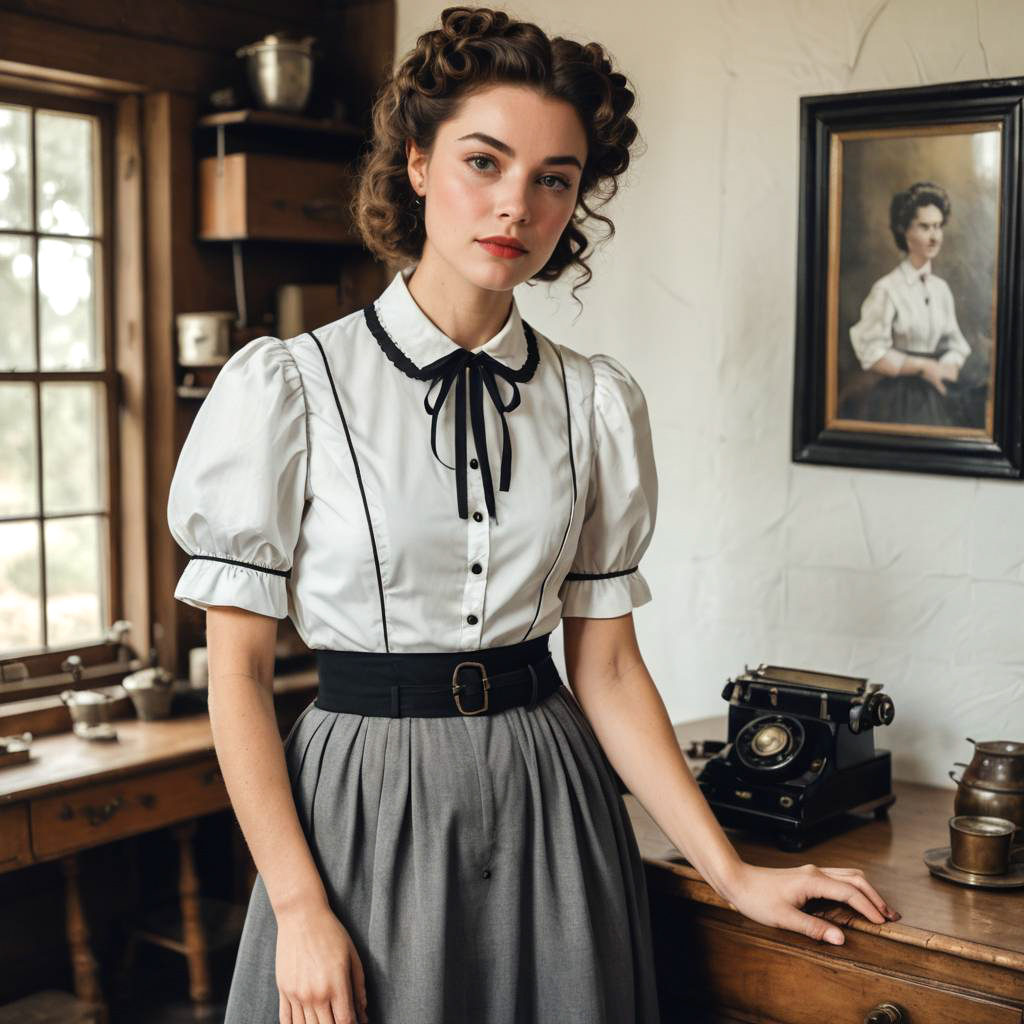 Vintage Pensive Woman in Rustic Cabin