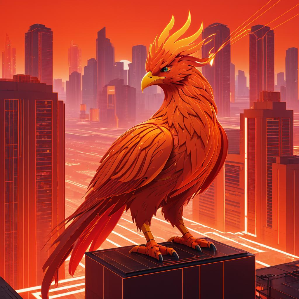 Fiery Phoenix in Dystopian Cityscape