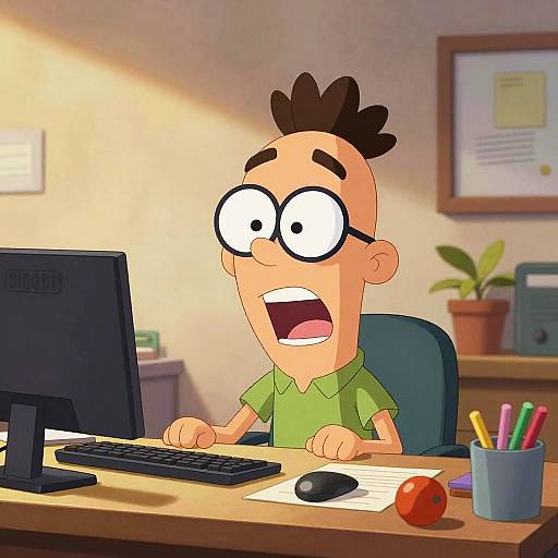 Cartoon of a surprised man with large glasses, brown hair, and green shirt, sitting at an office desk with a computer, mouse, and colorful
