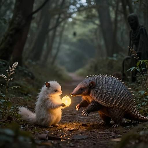 Photograph of a fluffy white squirrel and a hedgehog with spines, standing on a forest path, holding a glowing firefly between them, illuminated