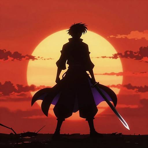Epic Anime Warrior Sunset Silhouette