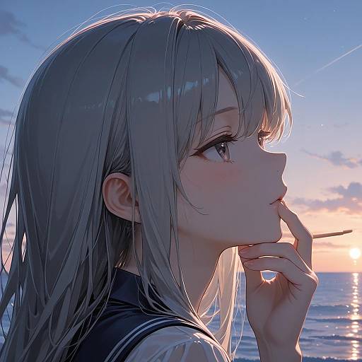 Anime Girl Contemplating by the Sea at Sunset