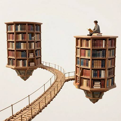 Digital illustration of two floating, cylindrical bookshelves with a man reading on the right, connected by a wooden, rope-bridged walkway.