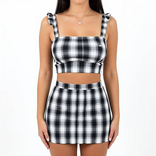 Photograph of a woman with long black hair wearing a black-and-white plaid crop top and matching mini skirt, against a plain white background.
