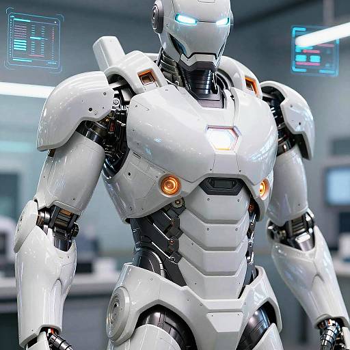 Photorealistic CGI of a white, futuristic, humanoid robot with glowing blue eyes, orange accents, and sleek armor, standing in a high-tech laboratory
