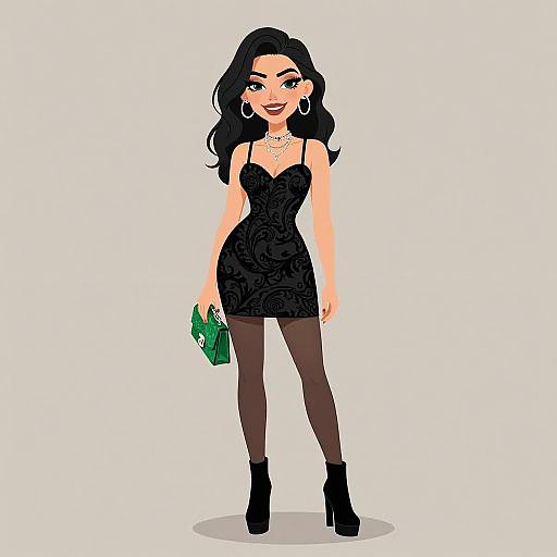 Digital illustration of a stylish woman with long black hair, wearing a black lace dress, black tights, black ankle boots, holding a green clutch,