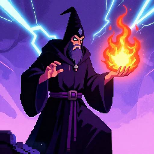 Pixel art of a bearded wizard with a pointed hat, black robe, and glowing fire in his outstretched hand, surrounded by lightning bolts against