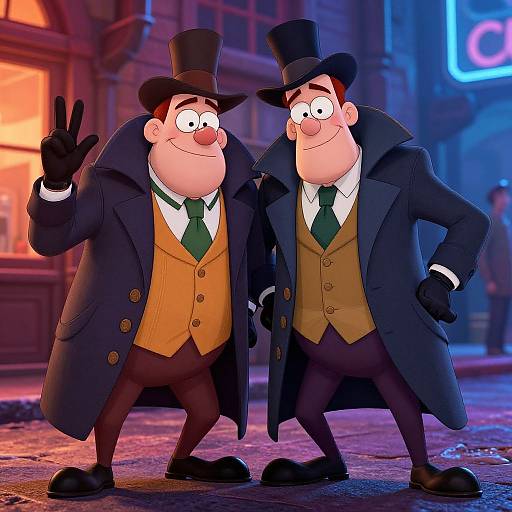 Digital cartoon illustration of two smiling, rotund men in Victorian attire with top hats, black coats, green ties, and orange vests, one waving,