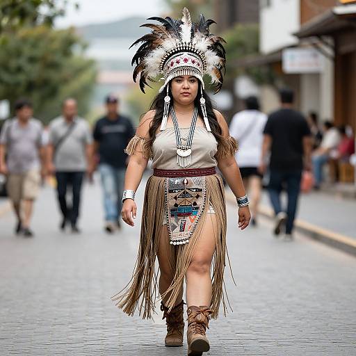 Photograph of a Native American woman in traditional headdress, white top, fringed skirt, and brown boots, walking down a busy street.