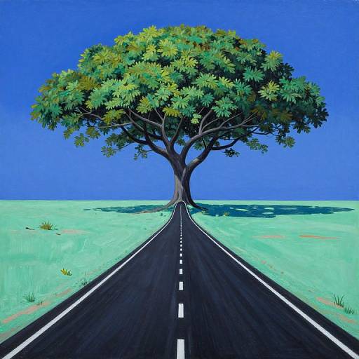 Digital painting of a straight black road with white lines leading to a large, green-leaved tree under a vivid blue sky.