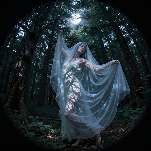 Photograph of a woman in a translucent white gown, holding a sheer veil, in a dark, mystical forest illuminated by moonlight.