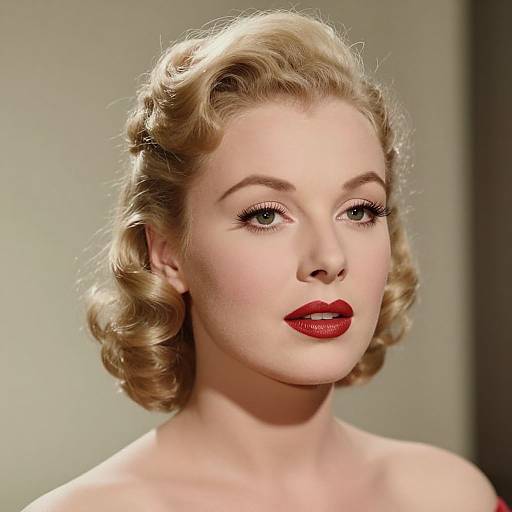 Photograph of a fair-skinned, blonde woman with vintage-style, wavy hair, bold red lipstick, and subtle makeup, set against a neutral
