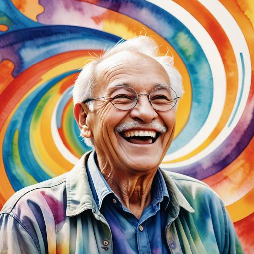 Joyful elderly man with colorful spiral background