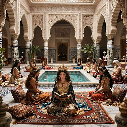 Photograph of women in ornate, Middle Eastern-inspired attire, sitting around a central pool in a detailed, arched, mosaic-tiled courtyard.