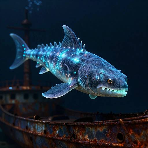 Nocturnal Bioluminescent Leviathan on Shipwreck