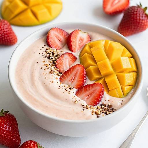 Photograph of a white bowl filled with creamy yogurt, topped with sliced strawberries, cubed mango, and sprinkled with cocoa powder, surrounded by whole