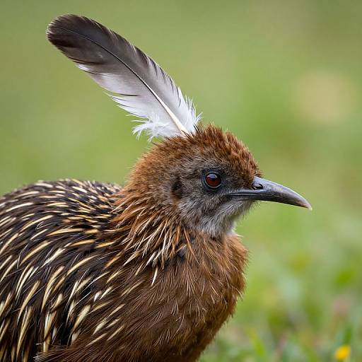 Close-up photograph of a brown woodlark with a striking white and black feather crest, black beak, and speckled brown and white plum