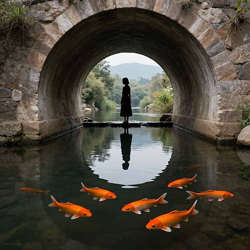 Silhouetted person stands under stone arch bridge, reflecting in serene water with bright orange koi fish swimming below. Photographic image.
