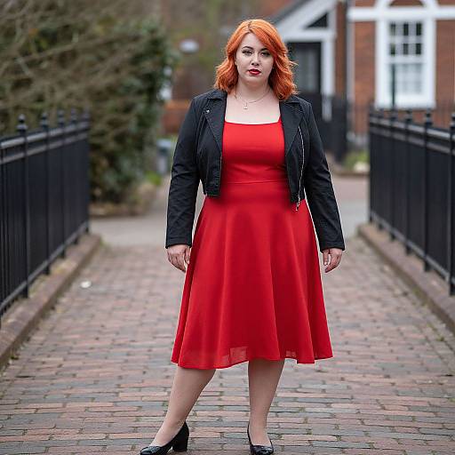 Photograph of a fair-skinned woman with red hair, wearing a red dress, black jacket, and black heels, walking on a cobblestone
