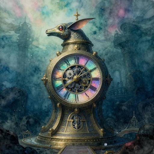 Enigmatic Clockwork Siren Beneath Aurora Waves