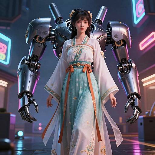 CGI image of a young Asian woman in a white and teal kimono with mechanical robot arms, standing in a neon-lit futuristic city.