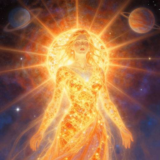 Digital art of a fiery, glowing sun deity with human features, surrounded by radiant beams, planets, and stars in a cosmic background.