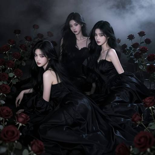 Photograph of three Asian women with long black hair, wearing black, flowing gowns, surrounded by dark red roses, set against a smoky blue