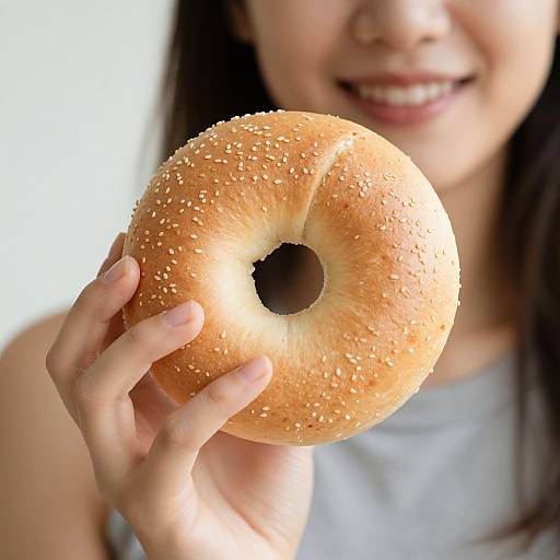 Photograph of a smiling Asian woman with long black hair, holding a sesame seed bagel close to the camera.