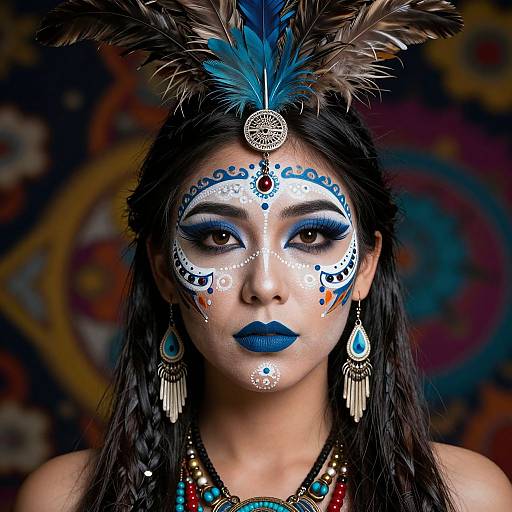 Woman with Intricate Face Paint and Feathers