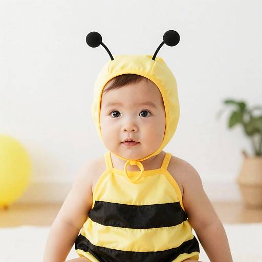 Photograph of a baby with fair skin, wearing a yellow and black striped bee costume with antennae, sitting indoors against a blurred white background.